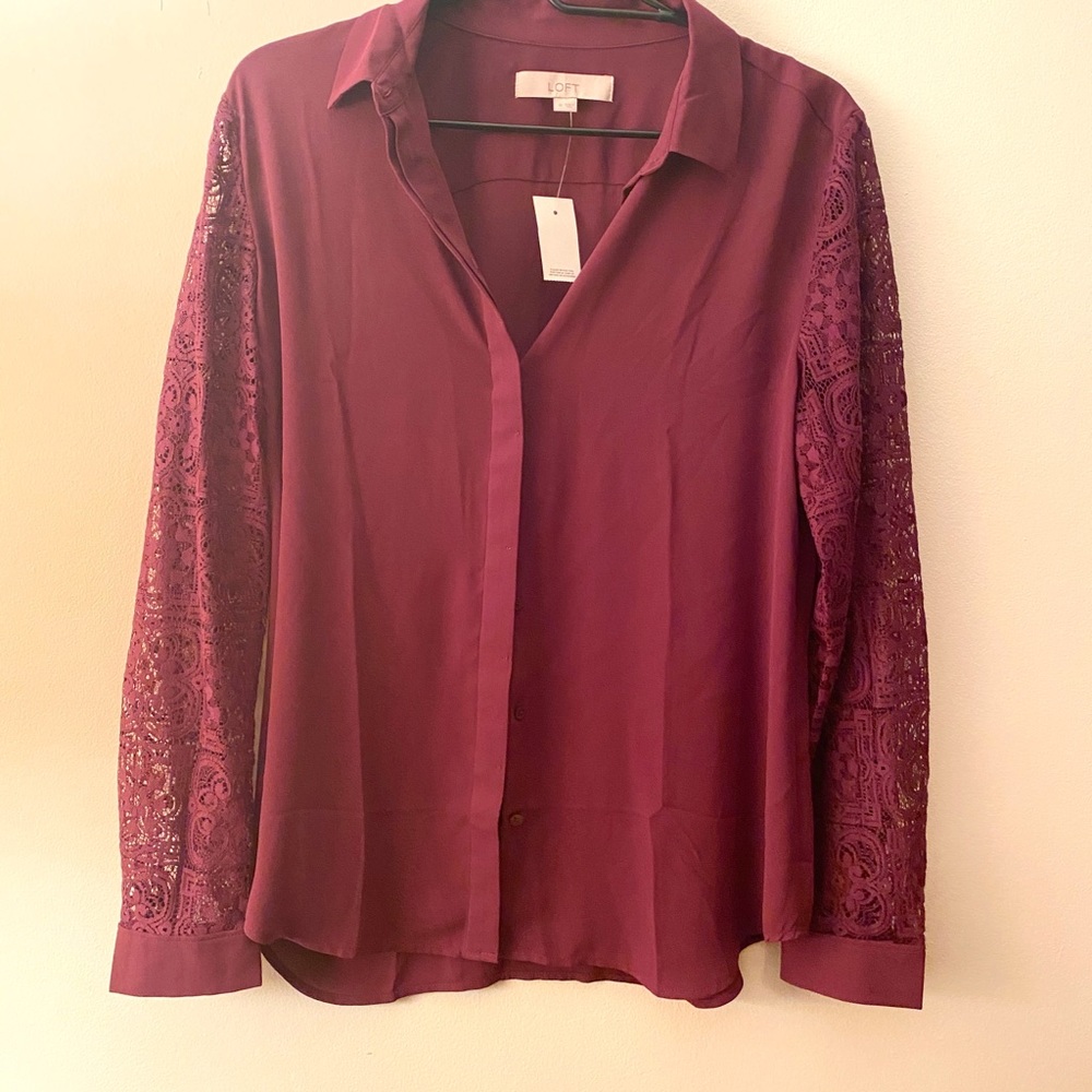 Loft Lace Sleeve Blouse, SZ M, Pleasant Plum, NWT